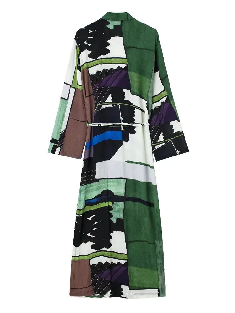 Платье-макси летнее с длинным рукавом и поясом зеленое |