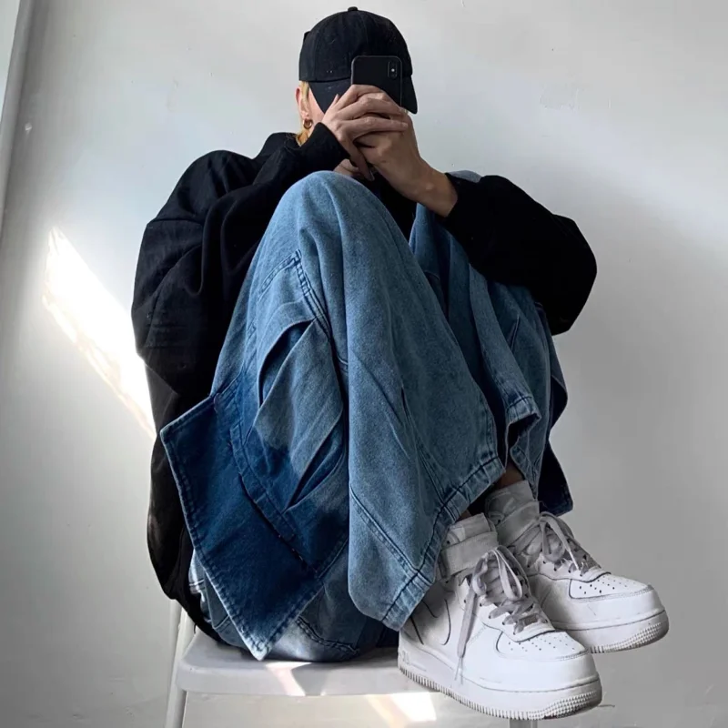 DEEPTOWN Baggy Cargo Jeans Men Loose Oversize Denim Pants Male Black Wide Leg Trousers Retro Casual Japanese Streetwear Hip Hop