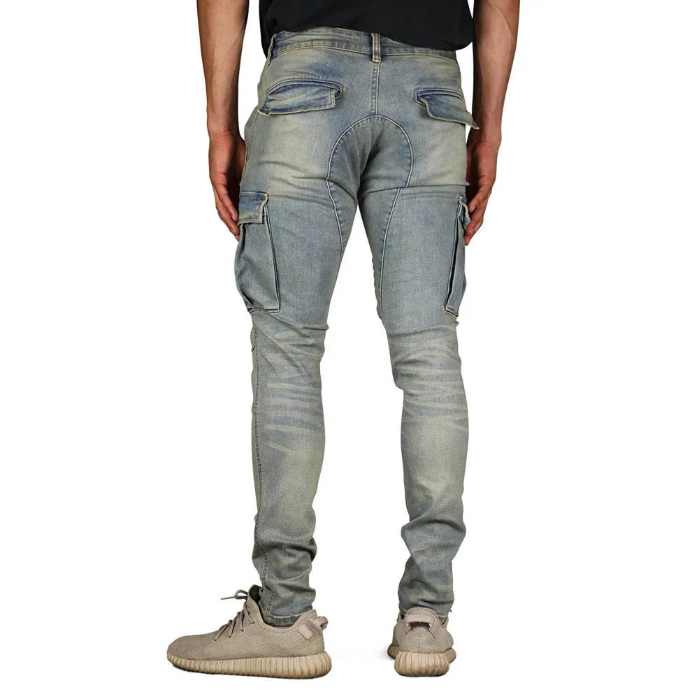 Retro Multi-Pocket Cargo Slim Fit Cotton Elastic Joggers Fashion High Street Y2K Washed Old Men'S Pencil Jeans Size 29-36