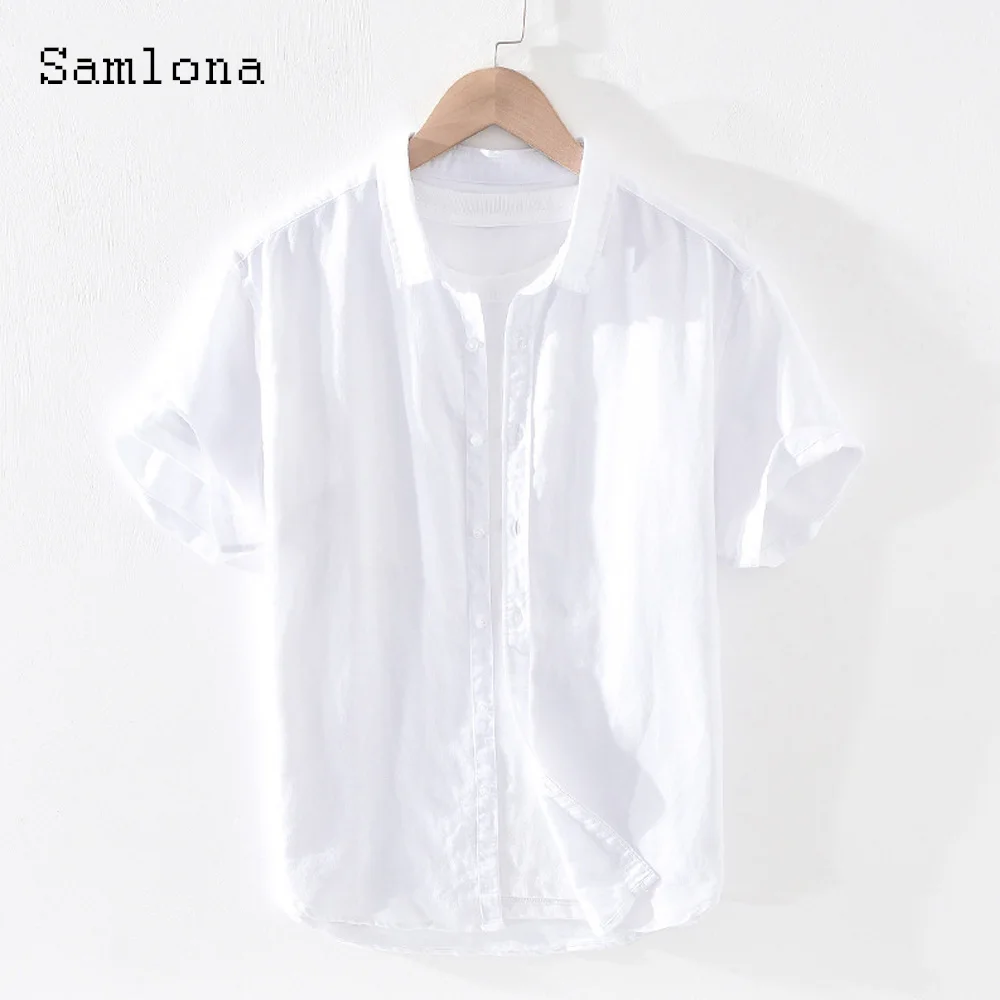 

Samlona Plus Size Men Casual Linen Shirts Blouse 2023 Single Breasted Tops Male Solid Leisure Shirt blusas Sexy Mens Clothing