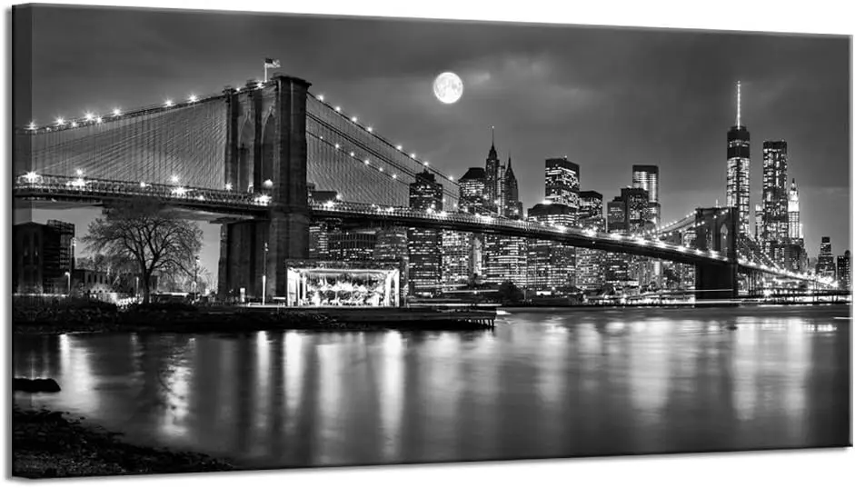 

- Black and White New York Picture Brooklyn Bridge Canvas Full Moon Night Manhattan City Poster Canvas Print Framed Gallery Wr