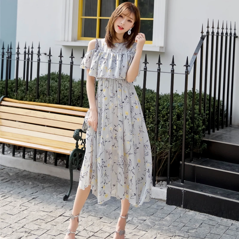 

2023 Spring Summer Short Sleeve Women Dress Fashion O-neck Sweet Flower Chiffon Dresses Ruffled Female Casual Beach Dress