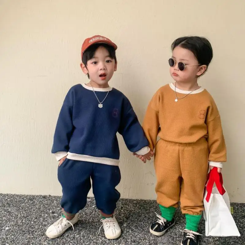 

Однотонный детский хлопковый комплект одежды с вафельным принтом, свитшот с длинным рукавом + штаны, костюм из 2 предметов, Свободный Повсед...