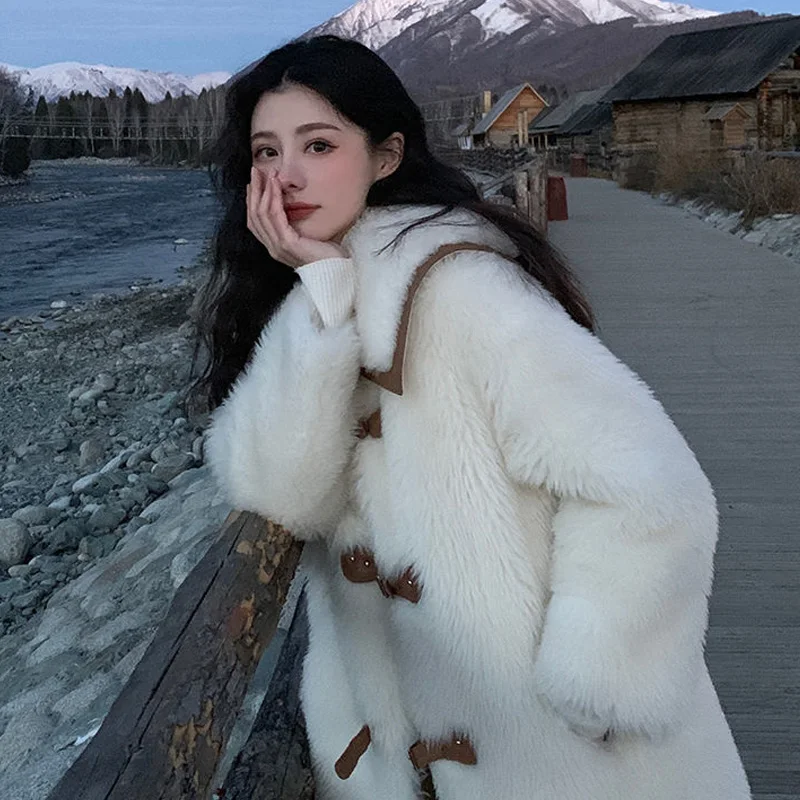 2021 New Winter Cute Warm Faux Fur Coat Women Mid-Length Loose Fur Jackets Fashion Preppy Style Long Sleeve Female Fur Outerwear