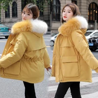 5colors oversize winter parkas women fashion fur collar hooded thicker warm solid colors jacket with pocket zipper cotton coat