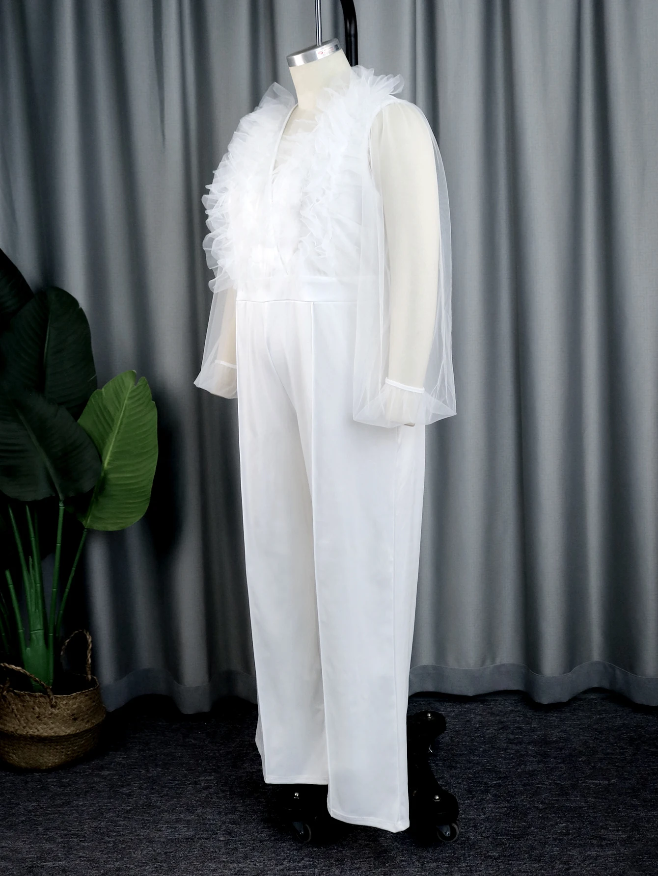 Plus Size Jumpsuits White See Through Long Sleeve Tulle V Neck High Waist Evening Party Overalls Rompers One Piece Outfits 5XL