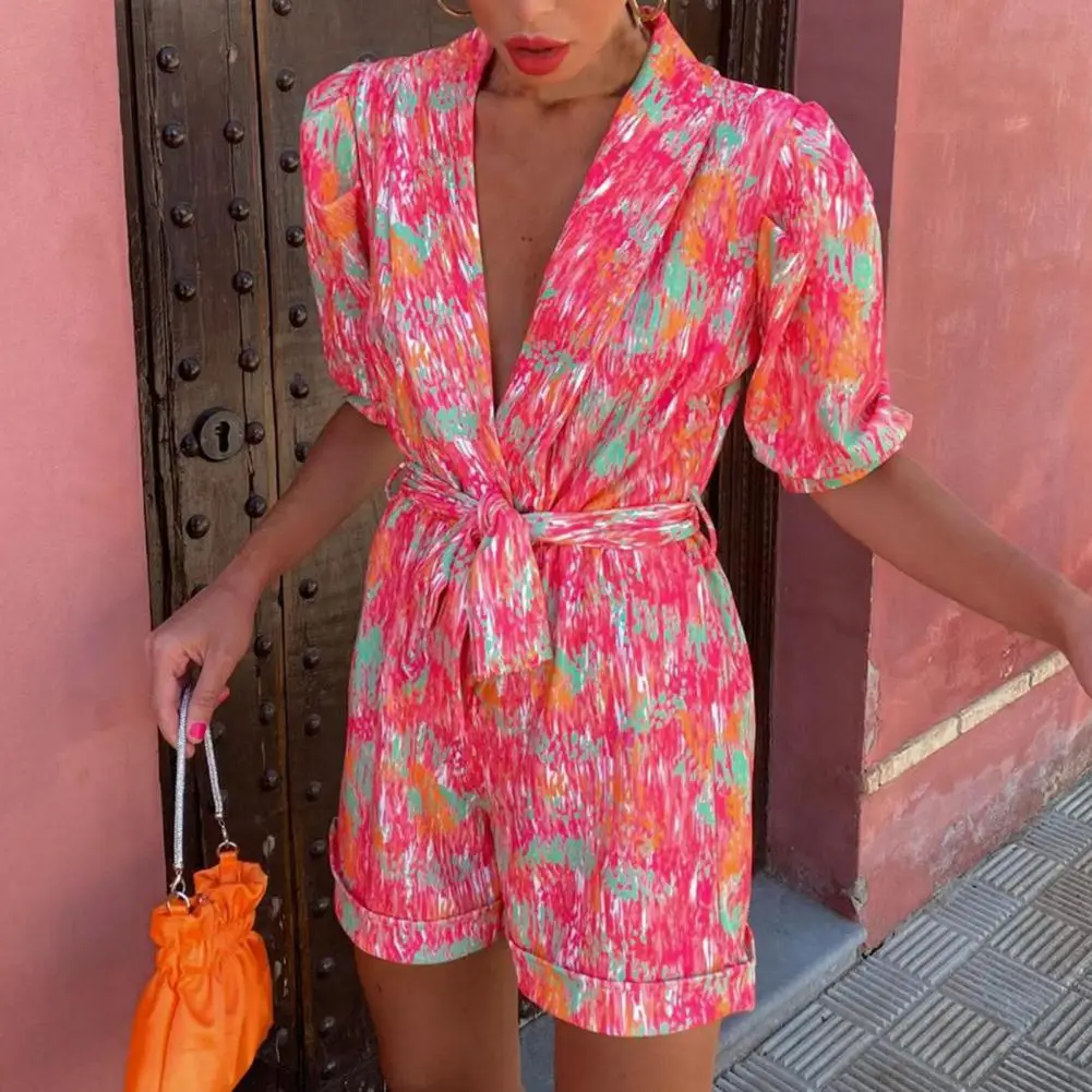 

Женский пикантный мини-костюм с V-образным вырезом, Летние Повседневные платья в стиле бохо с цветочным принтом и рукавами «летучая мышь», женские пляжные строгие комбинезоны с оборками