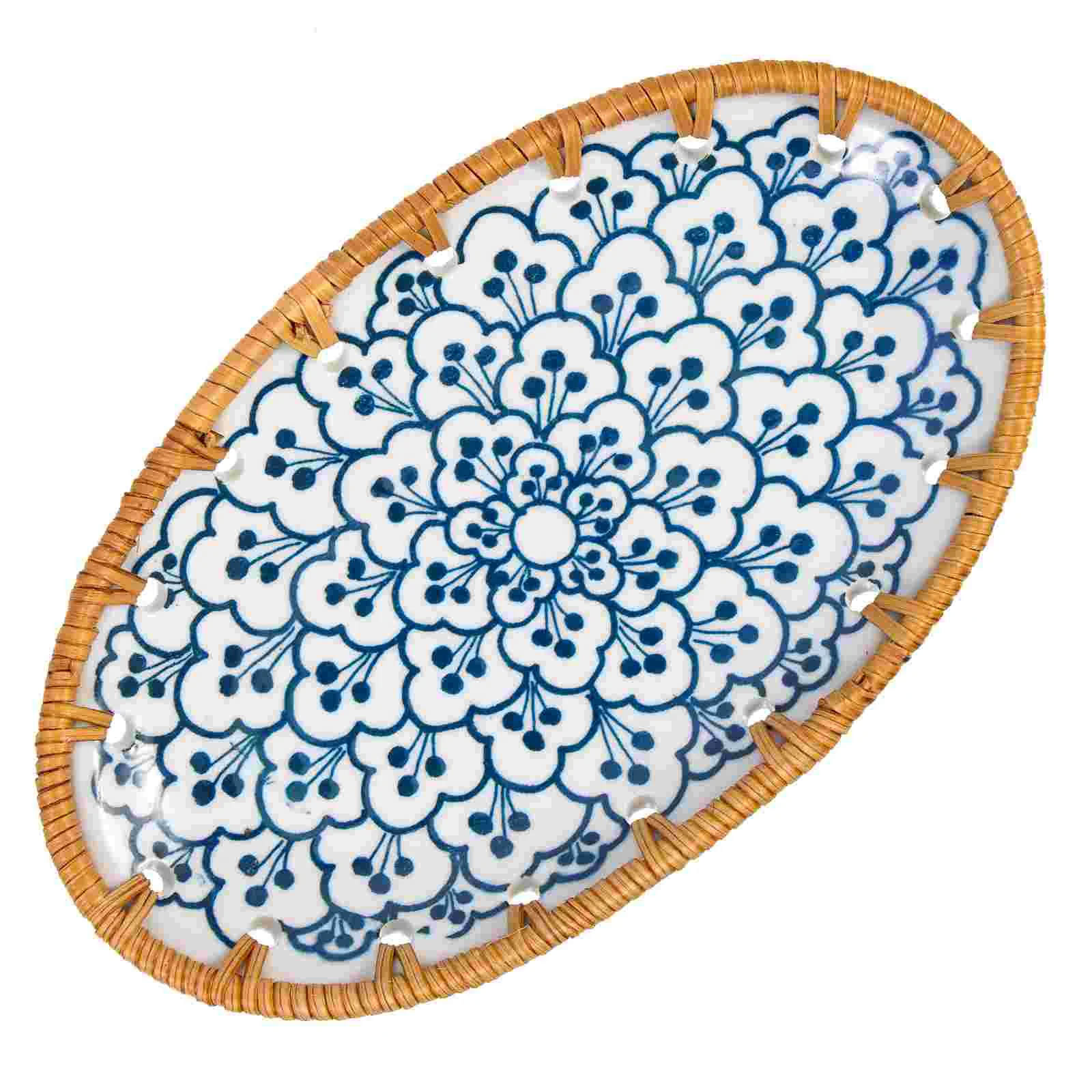 

Basket Woven Tray Serving Ceramic Plate Fruit Rattan Plates Snack Bread Storage Dishes Oval Dishbaskets Decorative Dessert