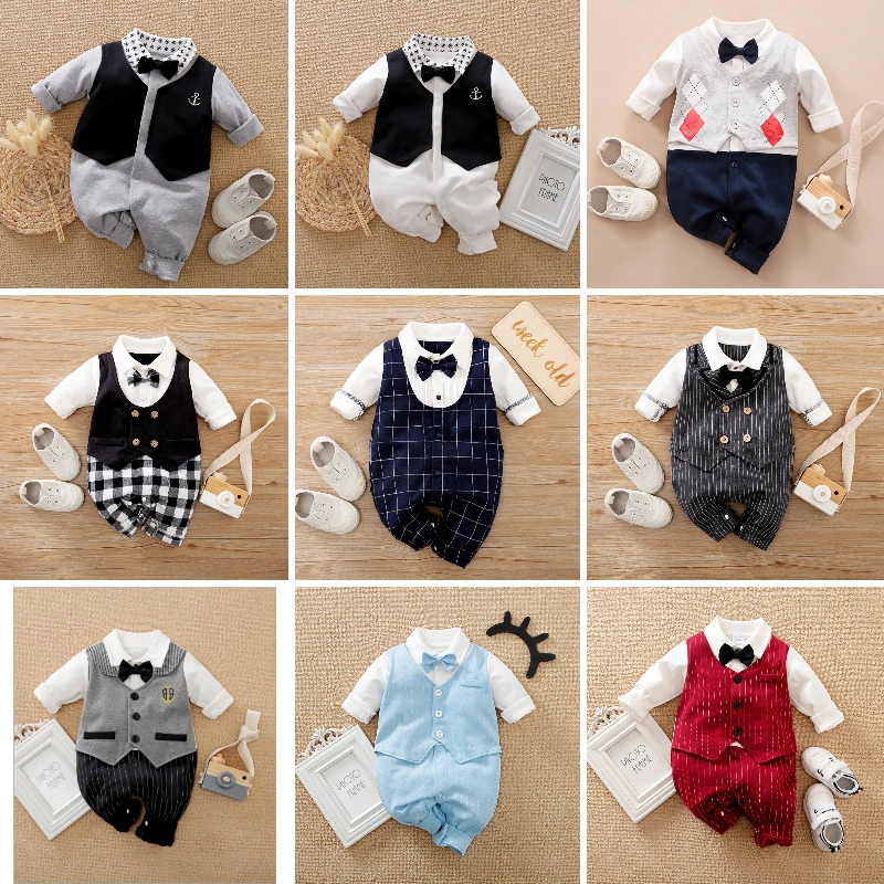 

Cotton Newborn Baby Long Sleeve Romper Jumpsuits Outfits Boy Toddler Pajamas Handsome Gentleman Clothes 0-24M