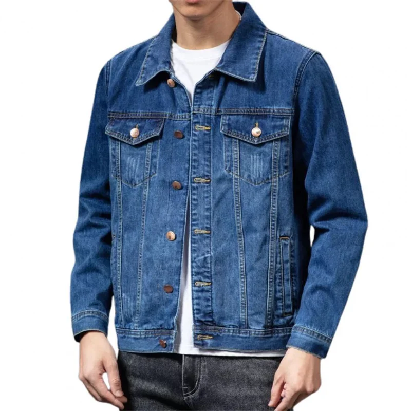 

Spring Colorfast Men Jeans Coat Single-breasted Turn-down Collar Denim Cardigan Jacket Slim Fit Outwear