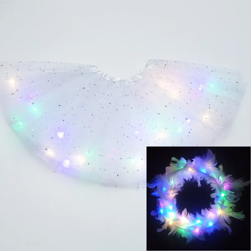 Светодиодная светящаяся светильник ская юбка-пачка принцессы для девочек, венок с ангелом и перьями, детская Свадебная вечеринка, танцевальная мини-юбка, костюм для косплея