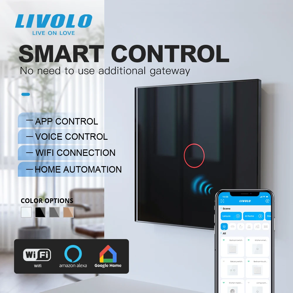 Умный сенсорный настенный выключатель Livolo Wi-Fi стеклянная панель однополюсный