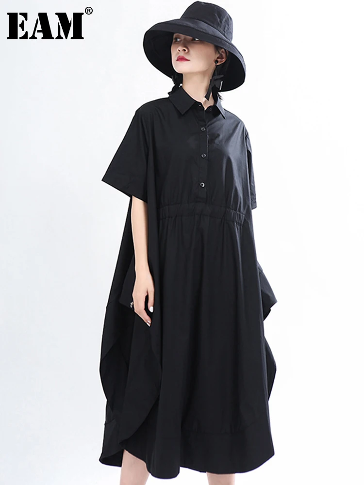 

[EAM] Women White Vent Split Joint Big Size Dress New Lapel Short Sleeve Loose Fit Fashion Tide Spring Summer 2022 1T657