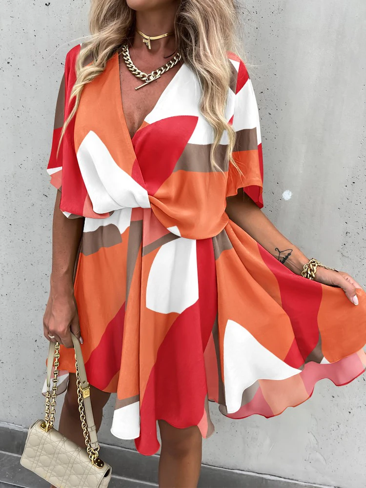 

Женское платье с рукавом летучая мышь, Повседневное платье-мини с цветочным принтом, пышной юбкой и поясом, лето 2022