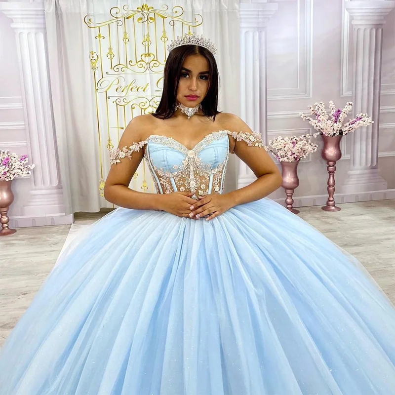 Мексиканское небесно-голубое платье Quinceanera с открытыми плечами кружевные