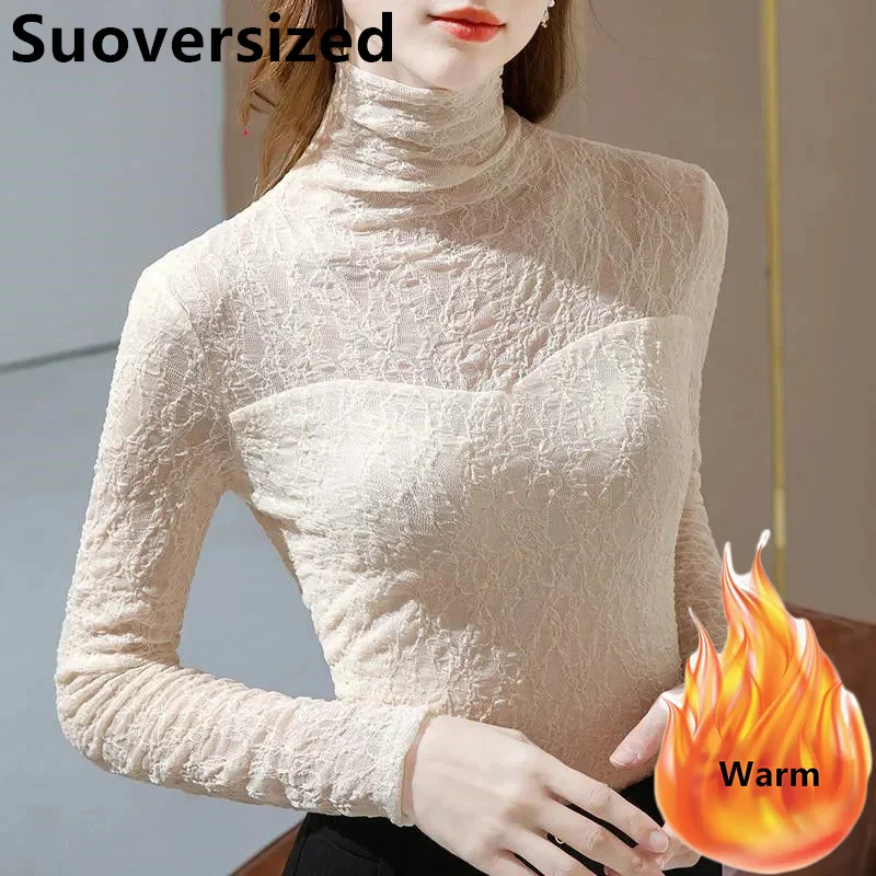 

Korean Women's Plus Velvet Turtleneck Lace Tops Winter Elegantes Chic Slim Long Sleeve T-shirts Casual Warm Bottomed Pullover