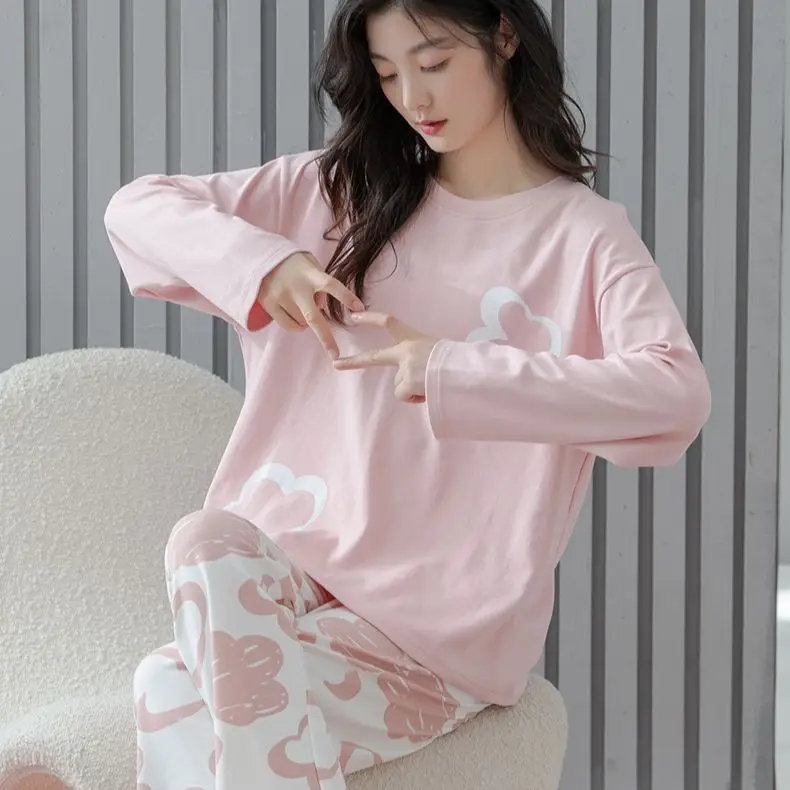 Yasuk Spring Autumn Fashion Women's Casual Lovely Flower Cotton Pocket Sleepwear Homewear Simple Pajamas Set With Pants Sweet