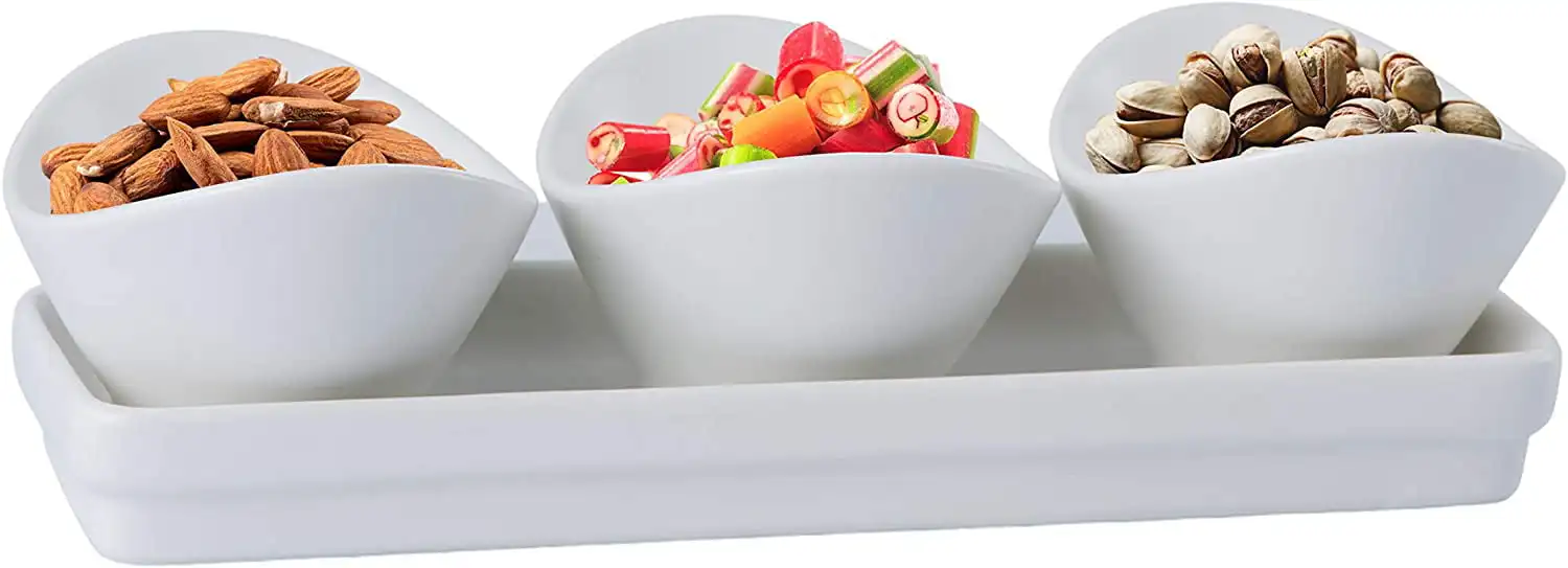 

4 Piece Tray Set With Three Compartment Serving Curvy Bowls Porcelain