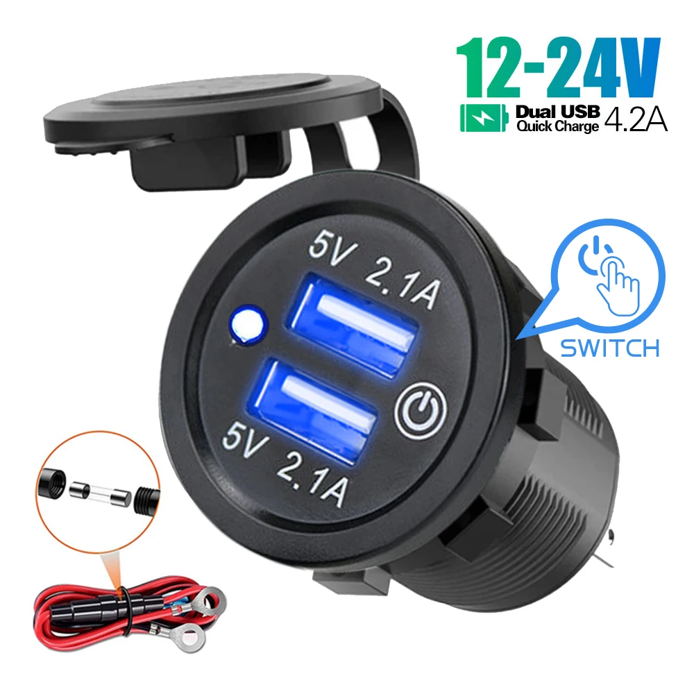 

12v 24v Car Charger Dual USB 4.2A Adapters Sockets Waterproof Short Circuit Protection With Touch Switch Car Voltage Monitor