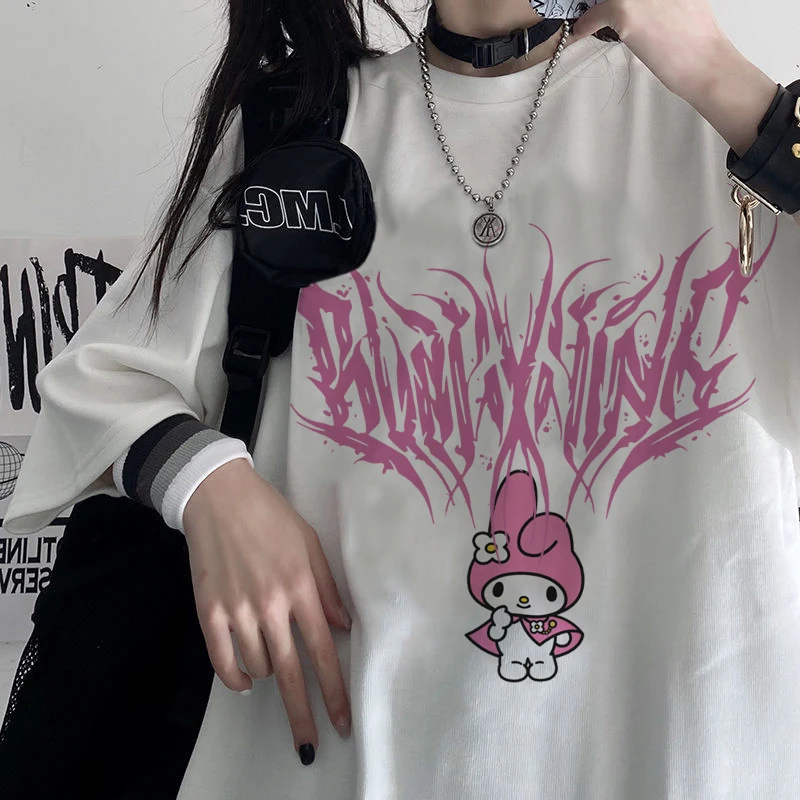 

Kawaii Rabbit Print Oversized T-shirt Goth Harajuku Streetwear Tops Women T shirt Angel Print Tshirt Loose Short Sleeve Shirt