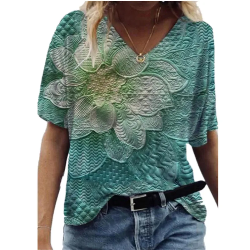 

3D Floral Print T-shirt Women 2022 Plus Size S-3XL Loose Tops Casual O-Neck Short Sleeve Female T-shirt