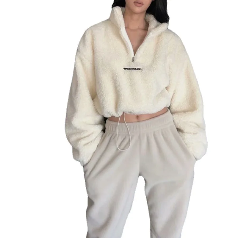 Флисовый пуловер из ягненка свитшот укороченный топ куртка на молнии новая