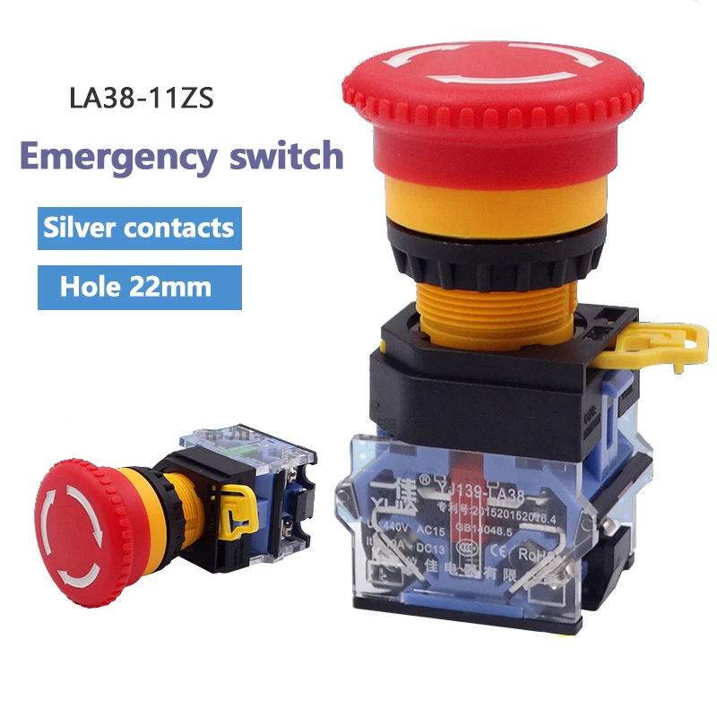 

22mm Emergency Switch LA38-11ZS Power Start/Stop Mushroom Head Elevator Emergency Stop Button Normally Close 1NO 1NC Red Green