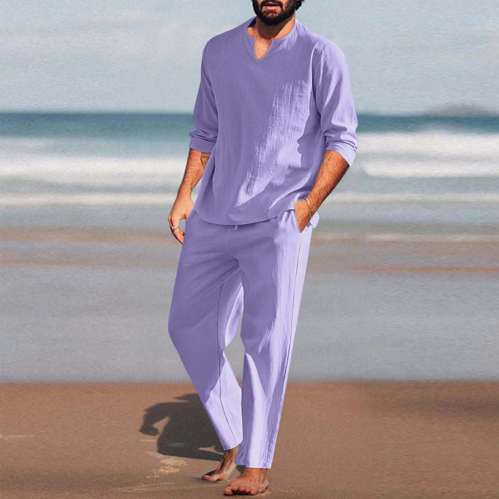 

Men Pieces Cotton Set Henley Shirt Long Sleeve And Casual Beach Pants Summer Yoga Outfits And Outfits For Men Pure Color Suit