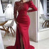 sumnus red vintange mermaid slit evening dresses 2022 stain beadings long sleeves prom dresses robe de soir%c3%a9e de mariage new