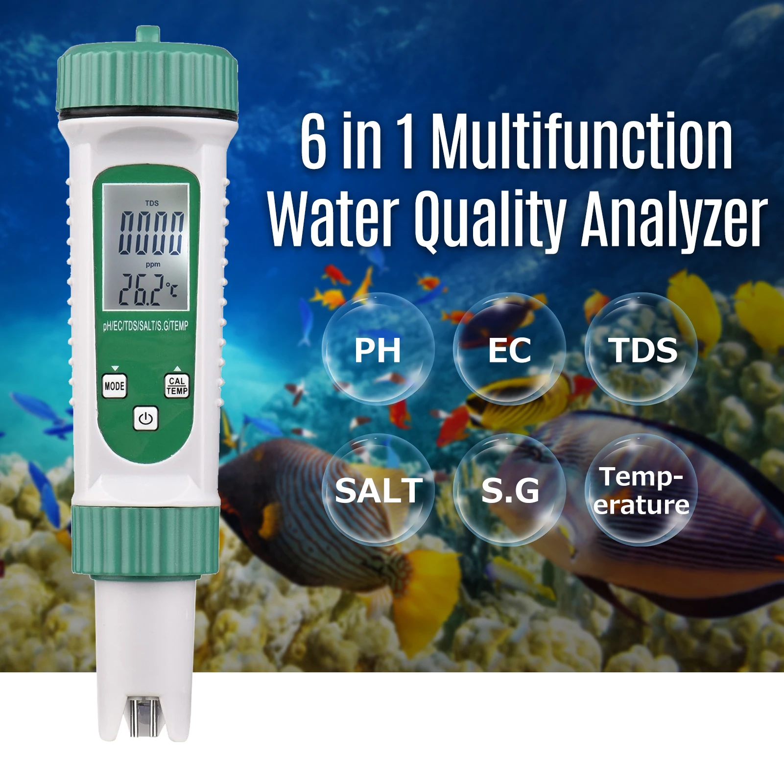 

Digital Water Quality Tester Water Quantity Monitor 6in1 PH meter EC/ TDS/ SALT/ S.G/ Temperature Testing Meter Analyzer