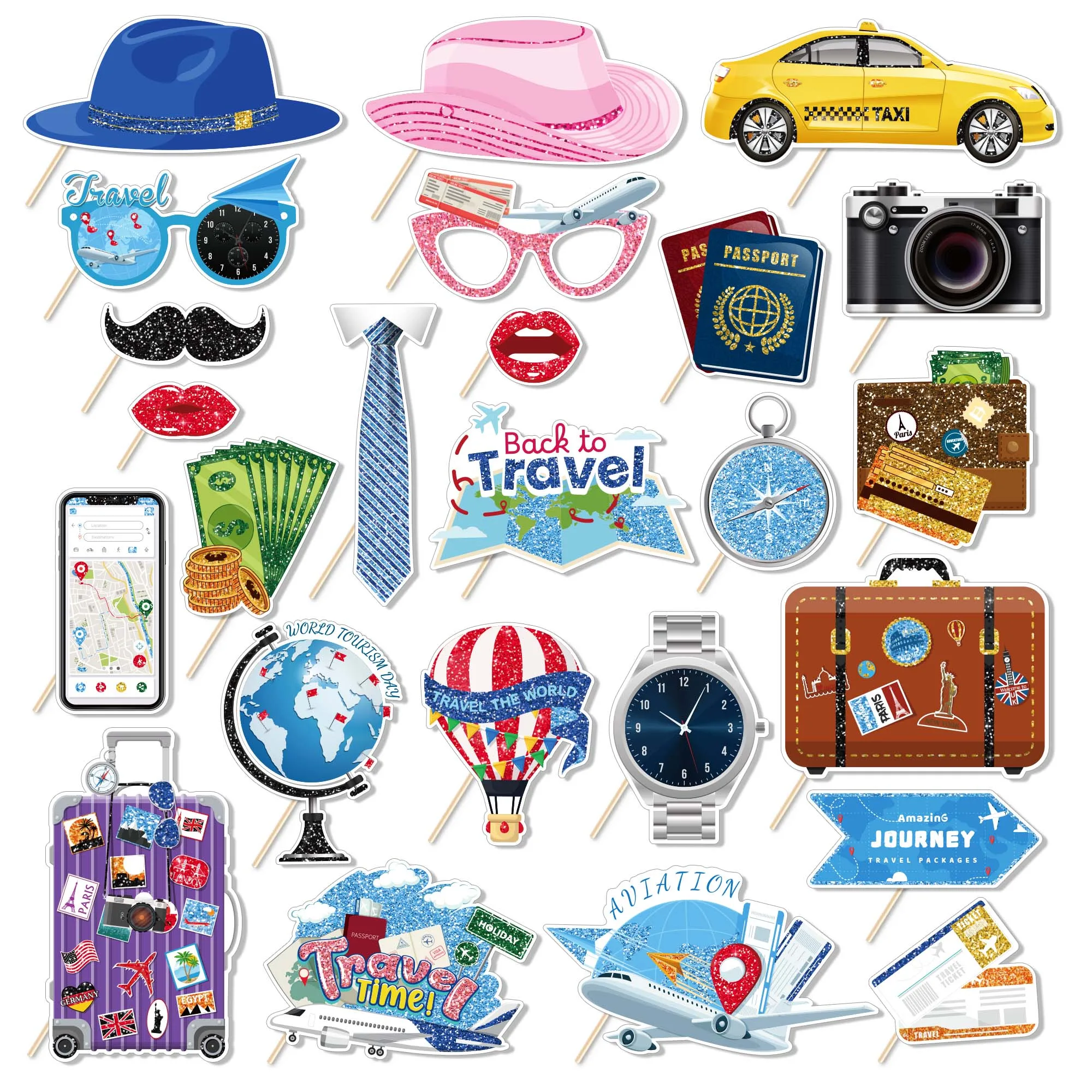 

Набор Из 25 Реквизитов Для Фотобудки На Тему Путешествий – Маски Для Лица, Очки