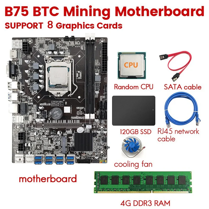 

B75 Mining Motherboard CPU+Fan+4G DDR3 RAM+120G SSD+SATA Cable+RJ45 Network Cable 8 USB3.0(PCIE1X) LGA1155 DDR3 SATA3.0