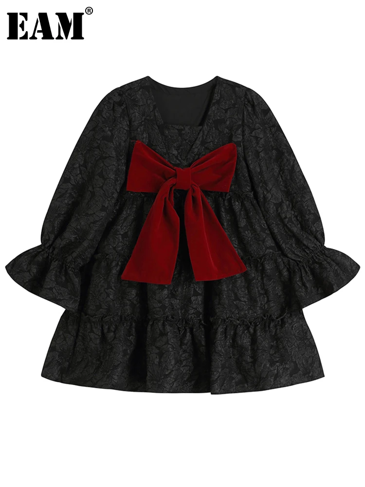 

[EAM] Women Black Jacquard Ruffles Bow Vintage Dress New V-Neck Long Sleeve Loose Fit Fashion Tide Spring Autumn 2022 1DE6529