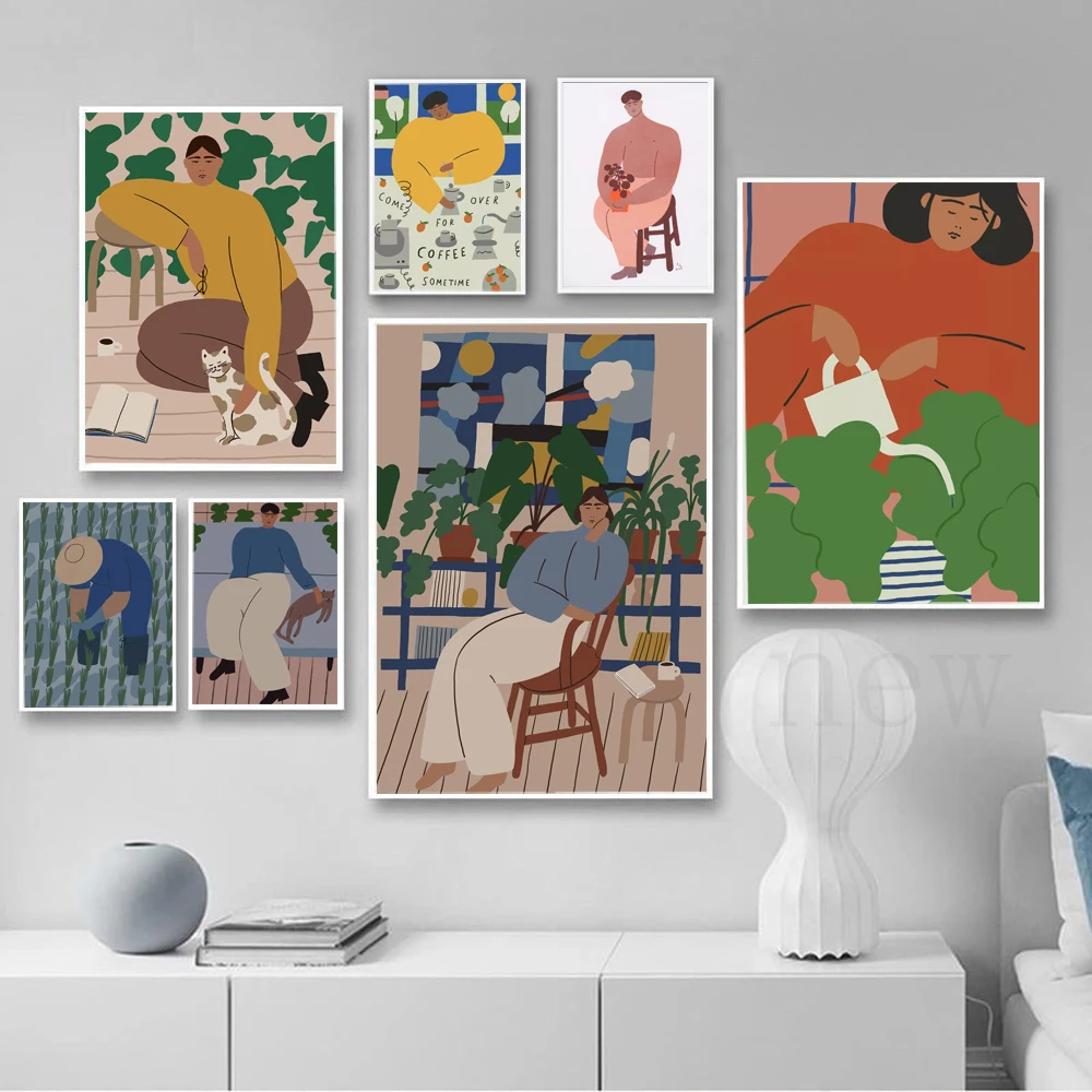 

Abstract Boy Girl Plant Cat Wall Art Canvas Painting Nordic Posters and Prints Vintage Wall Pictures for Living Room Decor