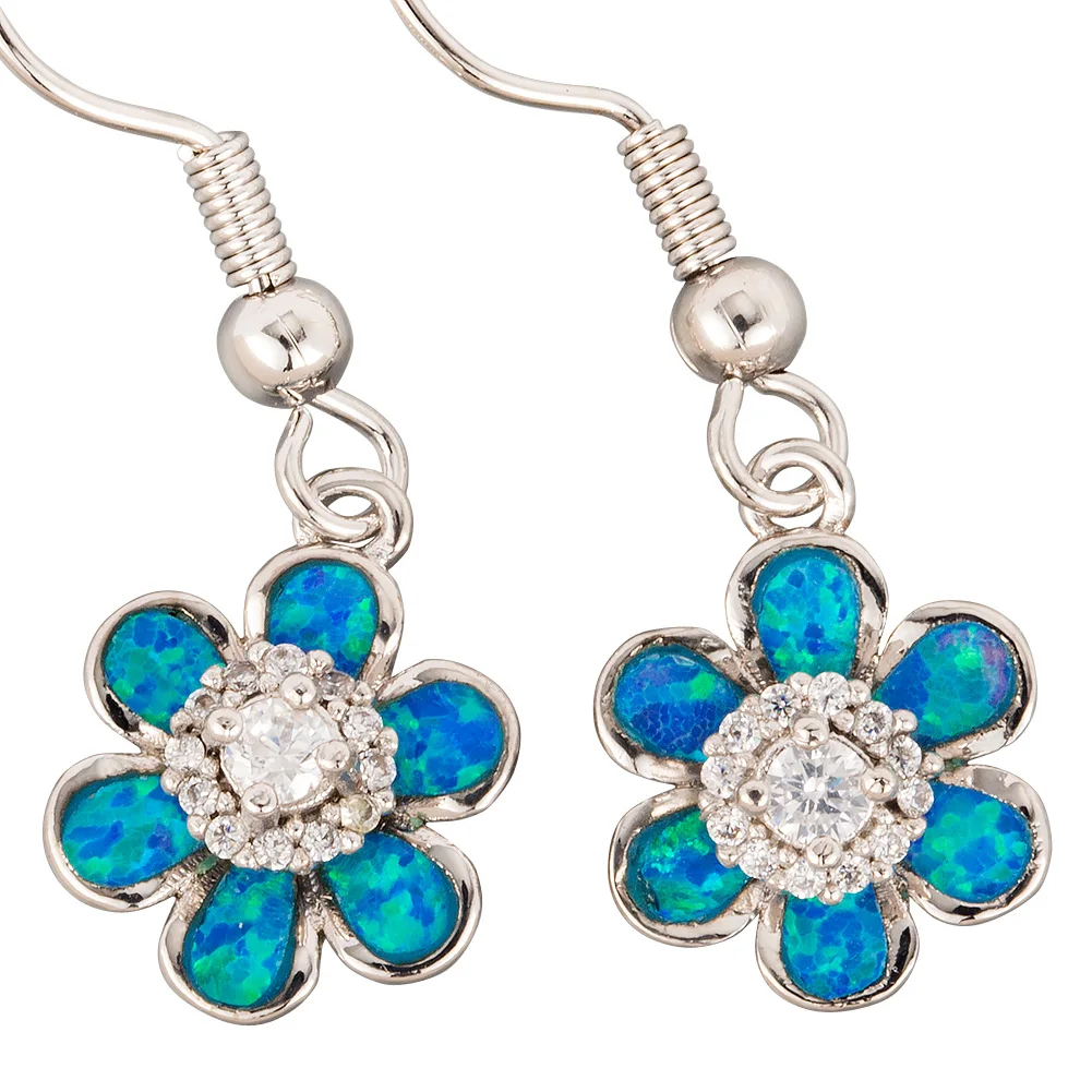 

KONGMOON Clear CZ Flower Ocean Blue Fire Opal Silver Plated Jewelry for Women Dangle Drop Earrings