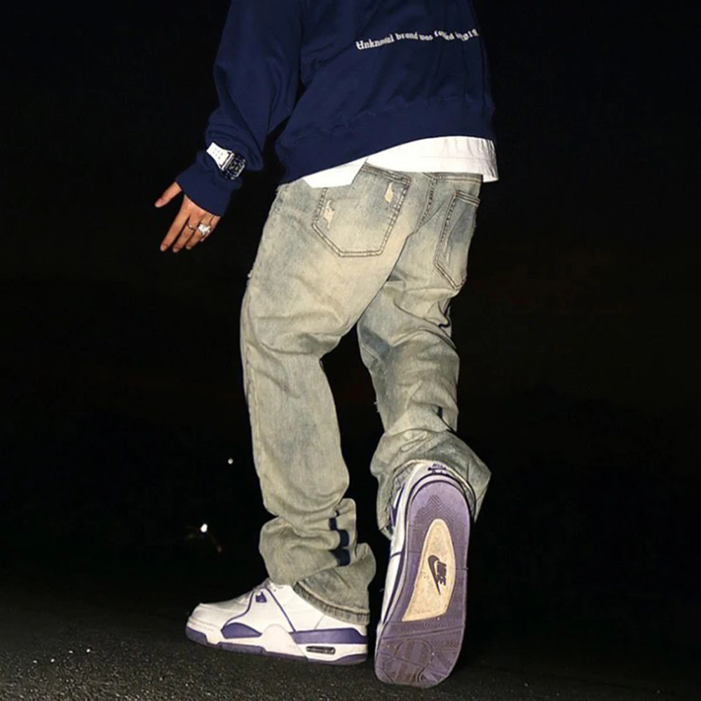 American Style Old Ripped Denim Trousers Men's Street Wear with Color Contrast Design Loose Straight Jeans Trend Hip-hop Pants