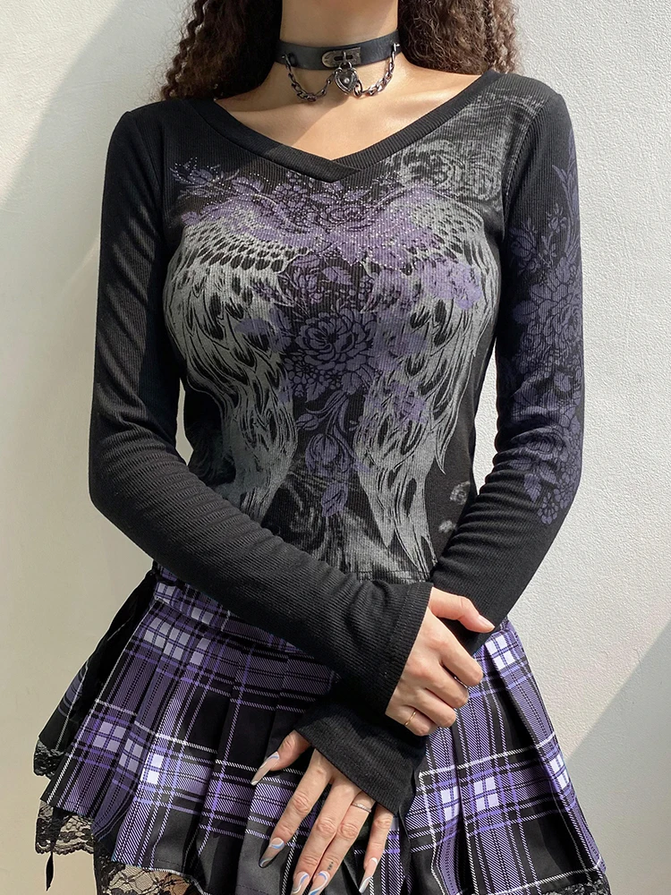 HEYounGIRL Harajuku Mall Gothic Graphic T Shirts Women Printed Grunge Basic Crop Top Tshirts 2000s Aesthetic Autumn Tee Shirt