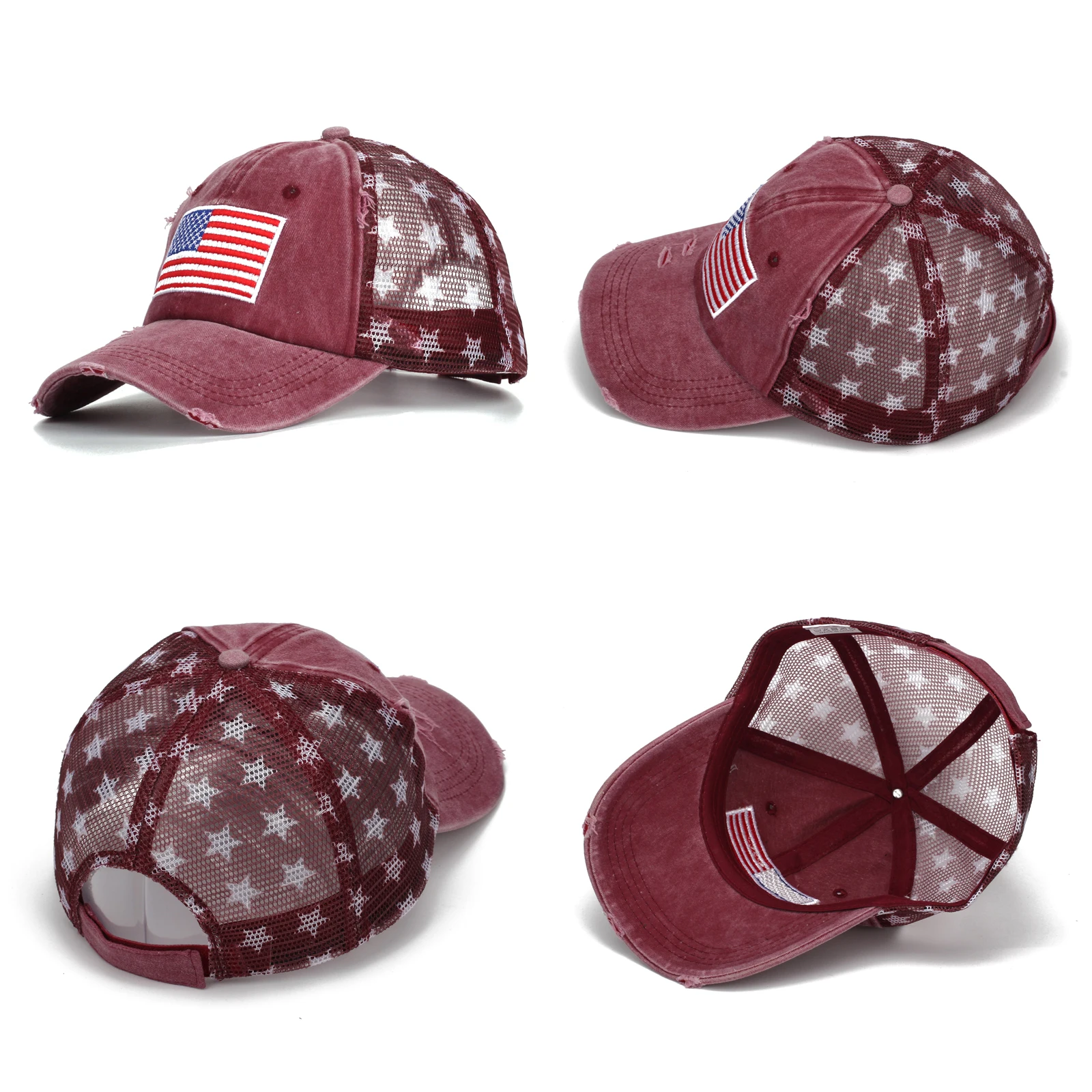 

2pcs 4 Colors Distressed American Flag Star Ball Cap Denim Baseball Cap Women Jeans USA Flag Hat