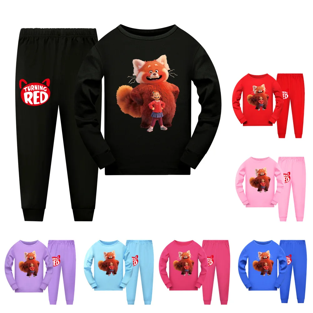 

2022 new Disney turning red spring and autumn cartoon print men's and women's long-sleeved trousers pajamas set