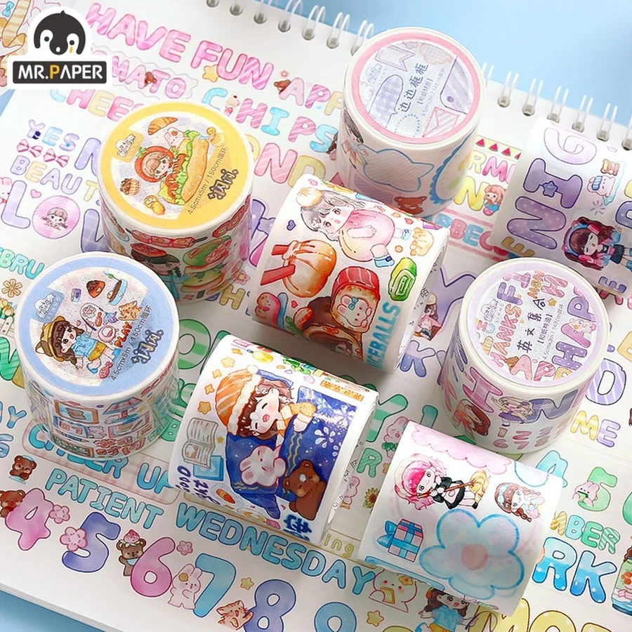 

Mr.paper 4 Style Cartoon Girl Tape Cute Hand-painted Diary Scrapbook Hand Account Decoration DIY Material Washi Paper Tape