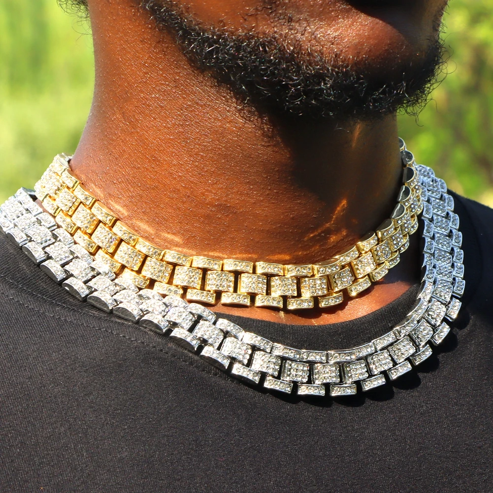 

Men Hip Hop Watch Band Cuban Link Chain Necklace Iced Out Bling Rhinestones Paved Gold Silver Color Miami Cuban Necklace Jewelry