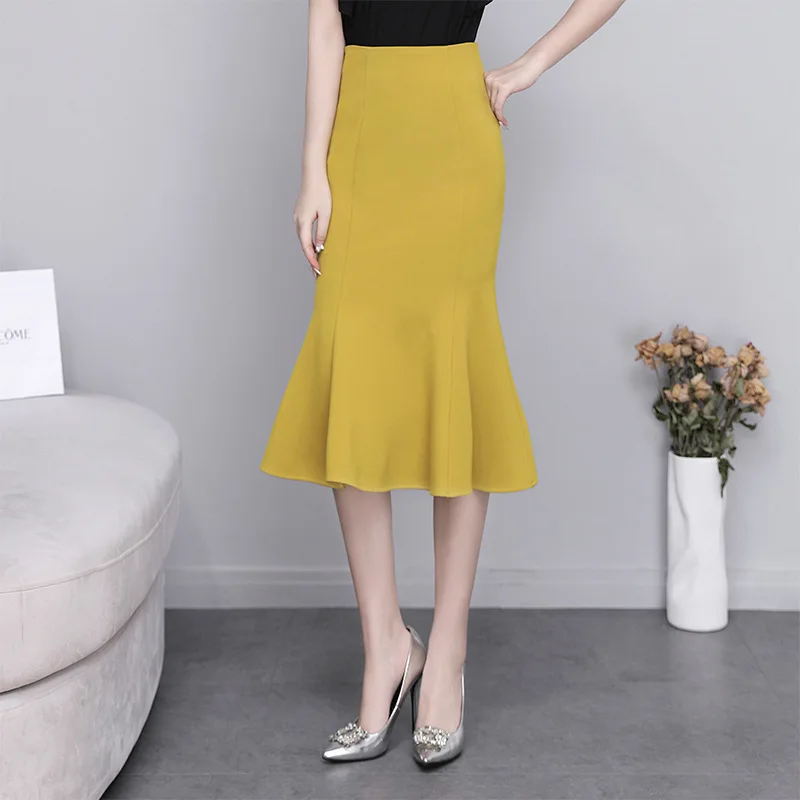 

Autumn Long Mermaid Skirt Zipper Elegant Flounced Calf Long Skirt Mustard Black