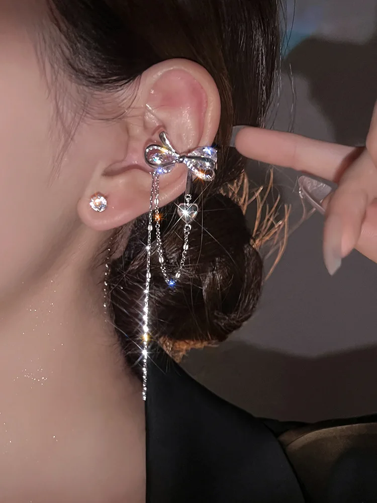 

Advanced Bowknot Shiny Rhinestone Tassel Long Ear Clip Earbone Clip Earrings without Earhole Fashion Earring for Girls