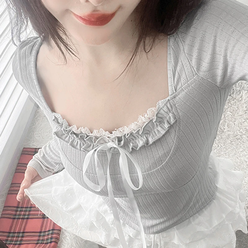 IAMHOTTY Женская Облегающая Трикотажная Футболка С Длинными Рукавами И Бантом