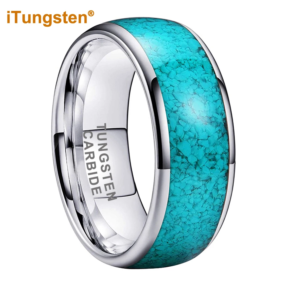 iTungsten 4mm 6mm 8mm Tungsten Carbide Ring for Men Women Fashion Jewelry Engagement Wedding Band Crushed-Turquoise Inlay