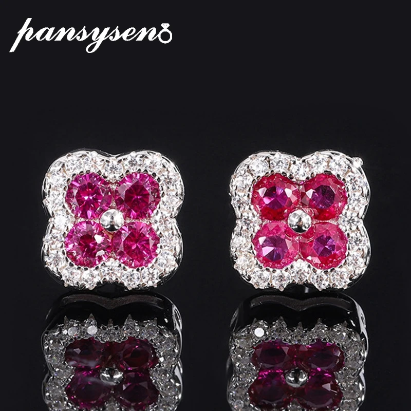 

PANSYSEN Vintage 925 Sterling Silver 2.5MM Round Cut Ruby Emerald Sapphire Gemstone Flower Shape Stud Earrings Fine Jewelry Gift