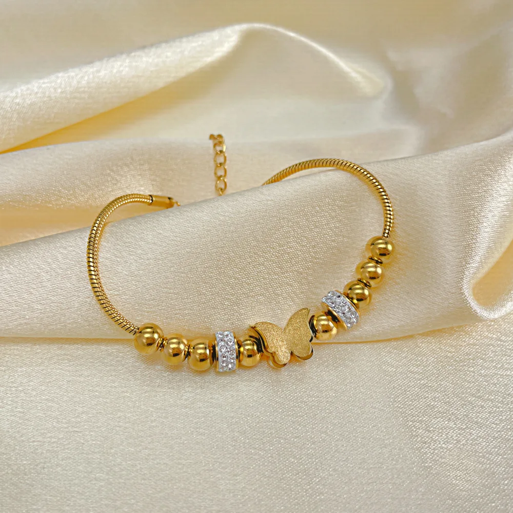 Gold Three-dimensional Frosted Butterfly Hand Ornaments Stainless Steel Snake Chain Small Steel Bead Bracelet Women