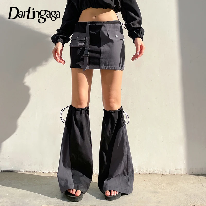 

Darlingaga Streetwear Patchwork Cargo Skirt Women Low Waist Pockets Buckle Drawstring Harajuku Summer Skirt With Leg Sock Bottom