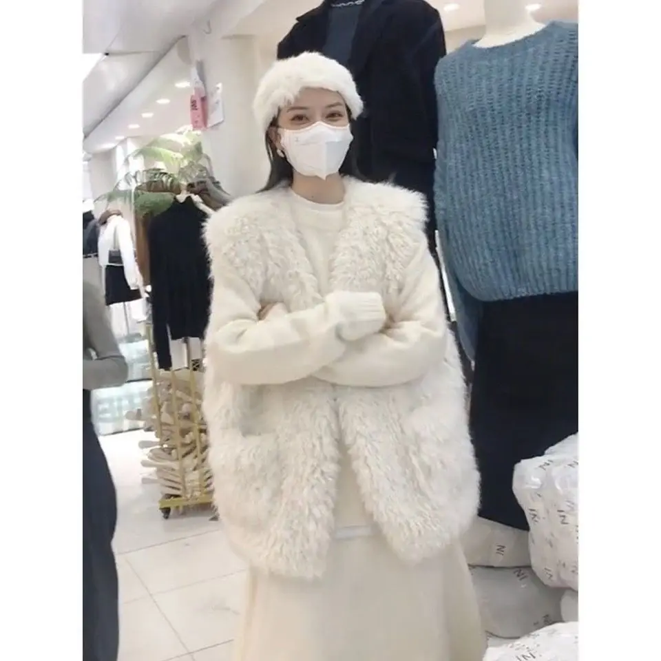 

Faux Fur Sleeveless Vest Jacket Autumn Winter Elegant Fashion Vest Korean Style Fashion Long Female Waistcoat Autumn Knit V87