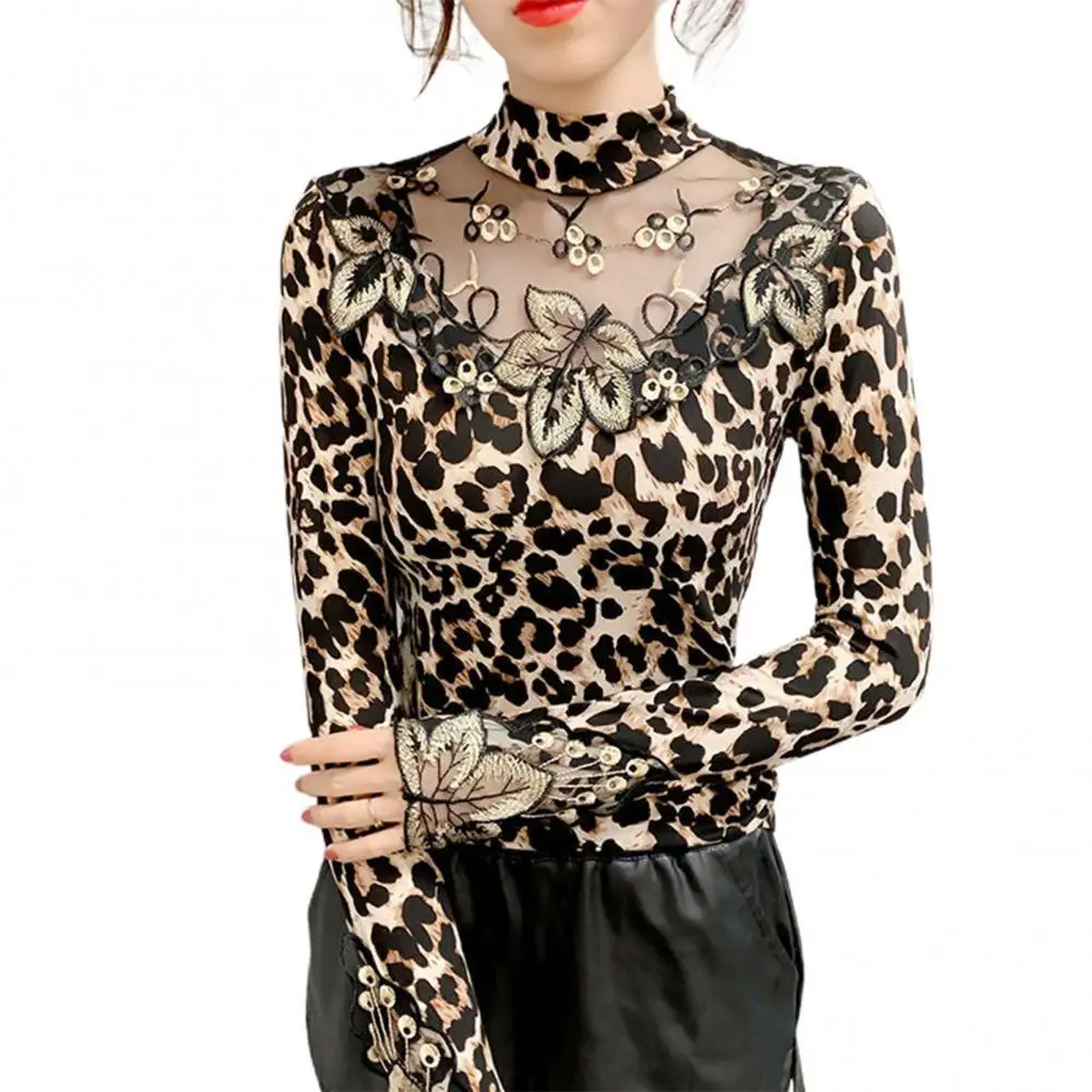 

Sexy Women Blouse Long Sleeve shirt Leopard Print Leaf Embroidery Sheer Basic Blouse Women Tops Spring Autumn xxxxl